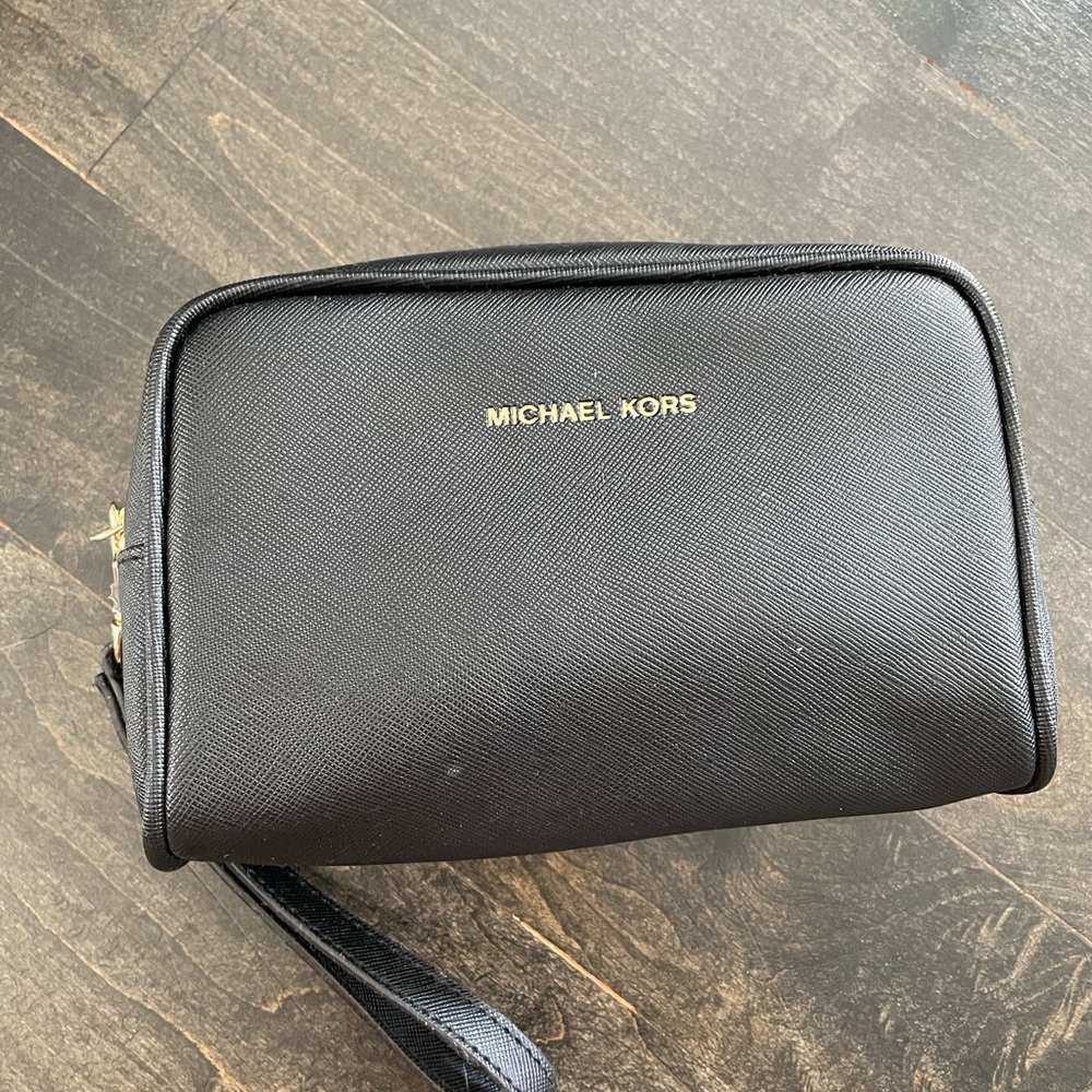Michael Kors Black Saffiano Leather Toiletry Wristlet with Gold Logo